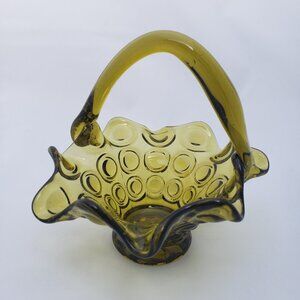 Vintage MCM Olive Green Glass Coin Dot Basket